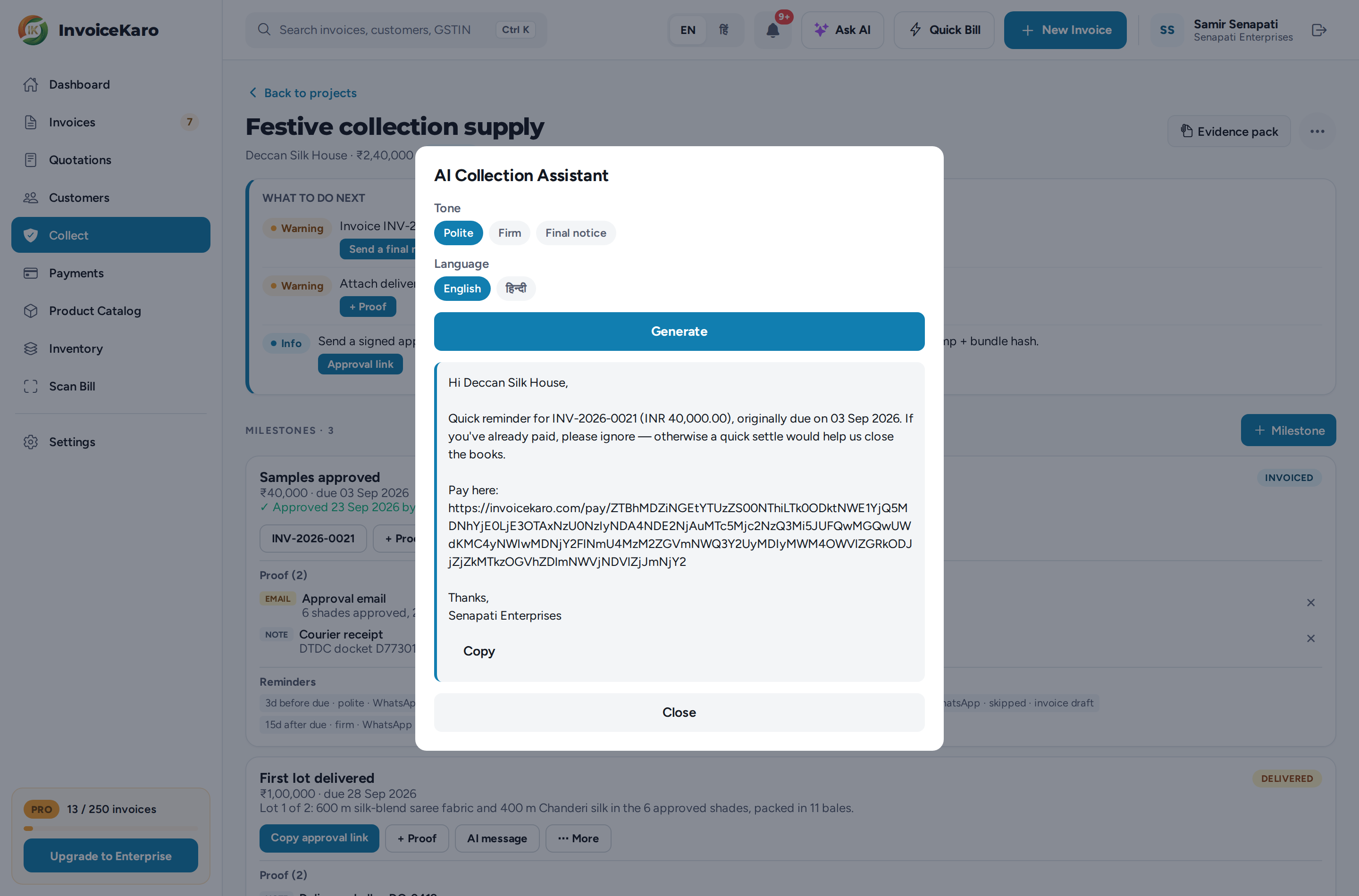 The AI Collection Assistant with a Polite draft in English, ready to copy. Earlier layout shown; use the current navigation steps in this guide.