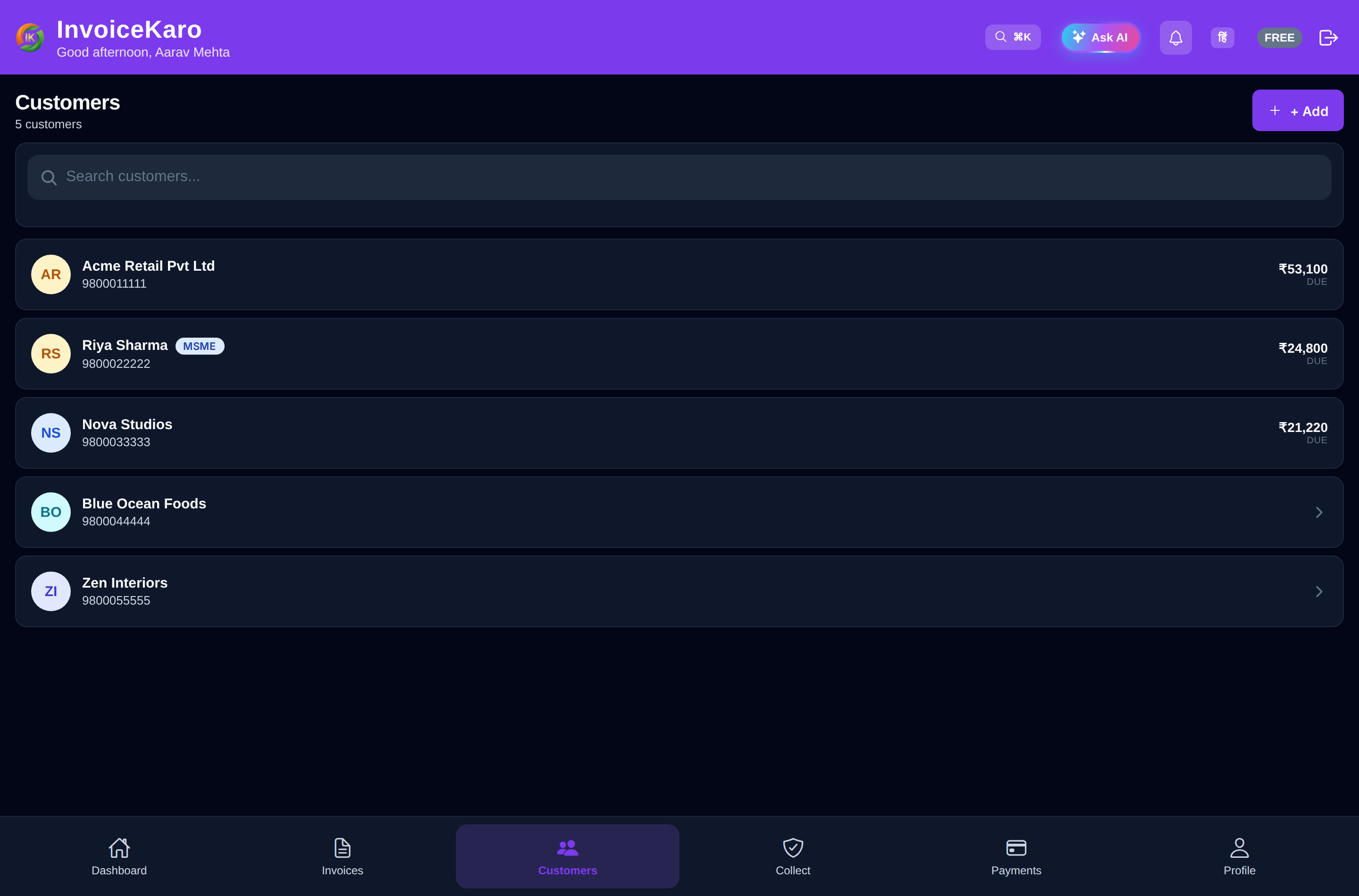 The Customers list — your reusable contact directory.
