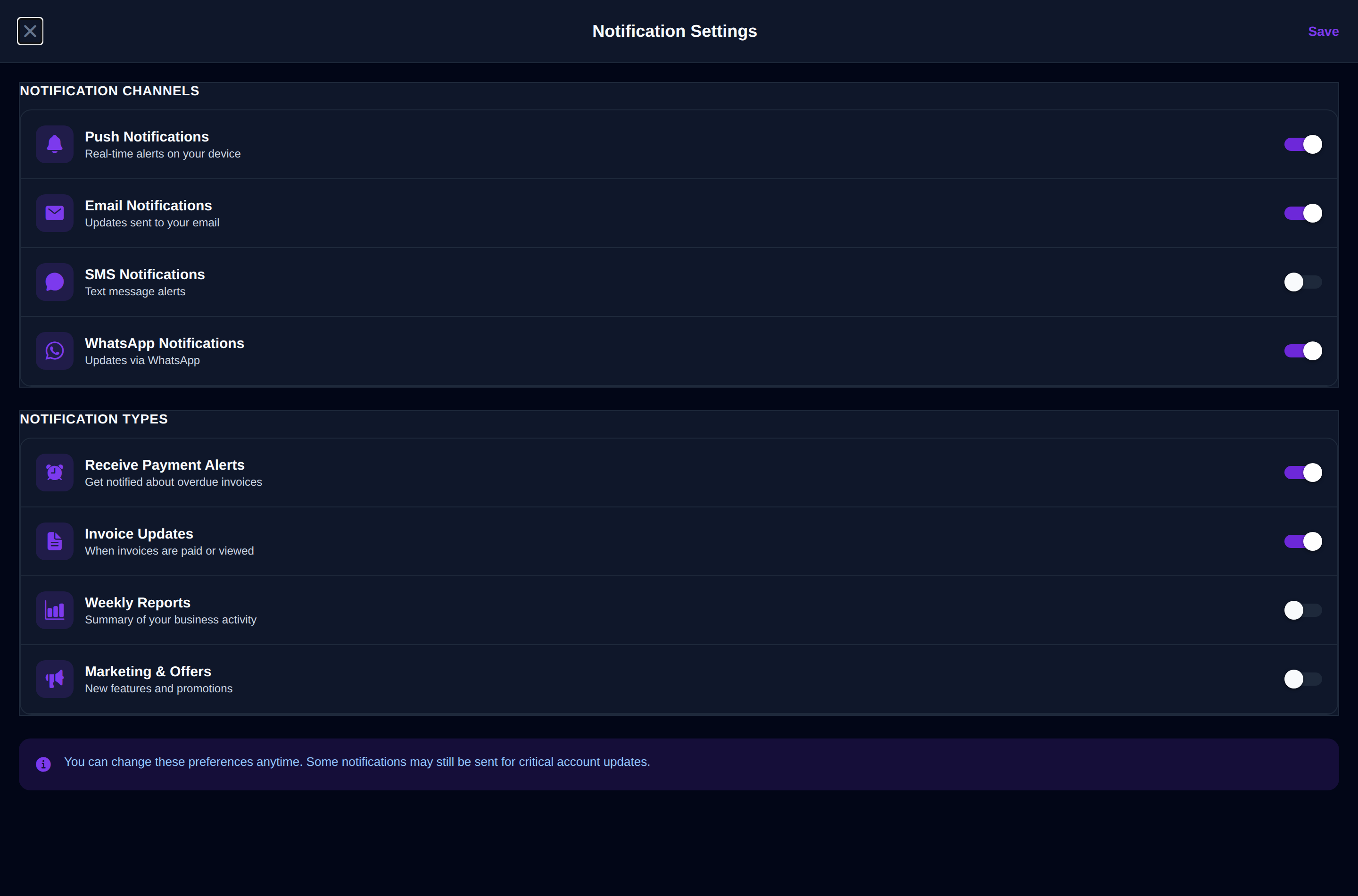 Notification Settings — choose your channels and the alert types you want.