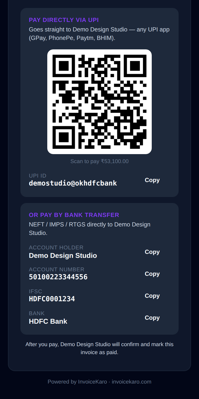 The bank-transfer block — every field is copyable for NEFT, IMPS or RTGS.