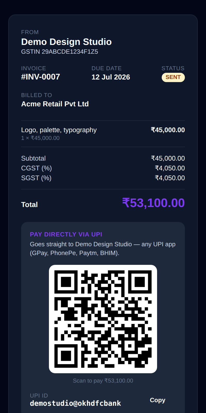 The UPI section of the pay page — scan the QR, open a UPI app, or copy the UPI ID.