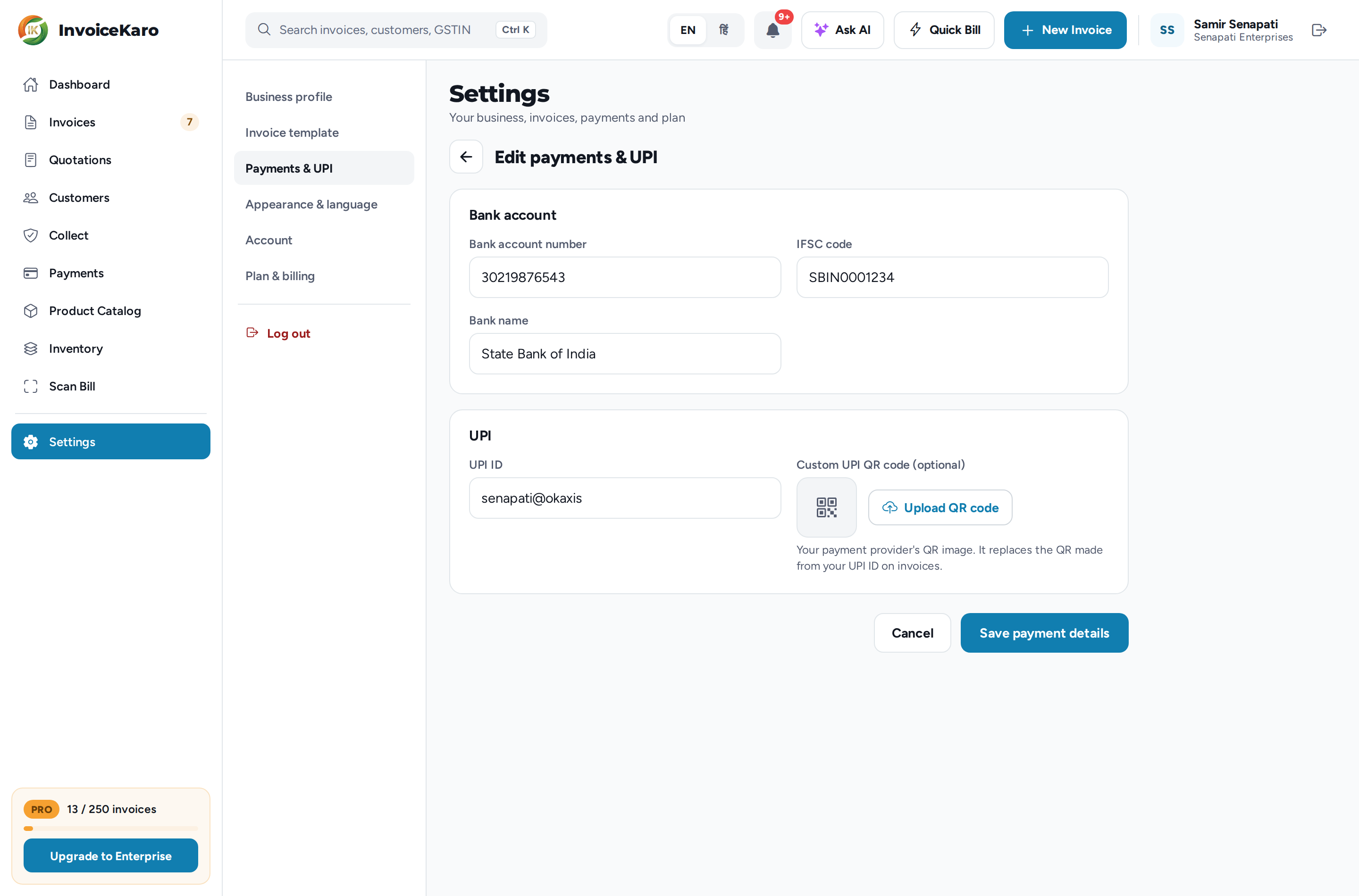 Edit payments & UPI: the Bank account and UPI sections, with the optional custom QR upload. Earlier layout shown; use the current navigation steps in this guide.