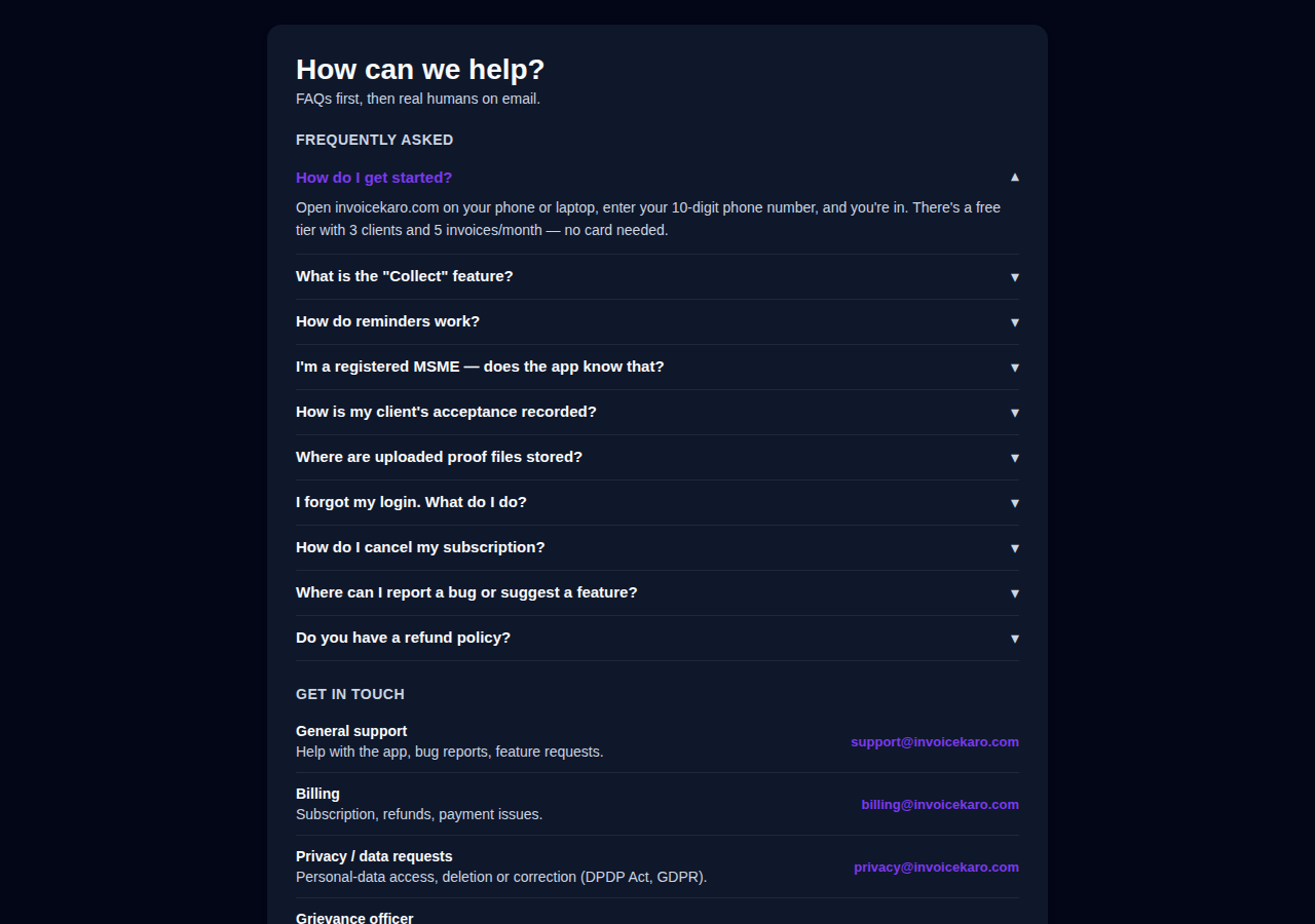 InvoiceKaro in-app support centre